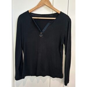 Lauren Ralph Lauren  Cotton Long Sleeve Top Gold D-Ring Split Neck Womens